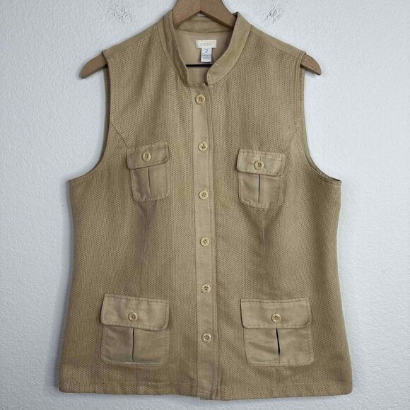 Chicos‎ Vest Women's Size 2/Large Tan Faux Suede Button Safari Outdoor Utility - Picture 1 of 6